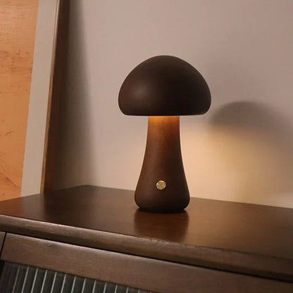 Houten Paddenstoel Nachtlampje met Touchbediening – LED Verlichting Walnoot Groot