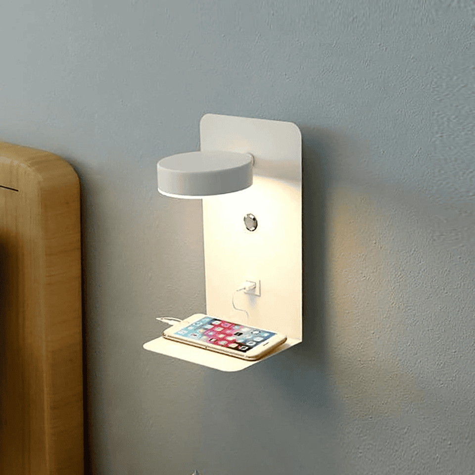 Bedlamp met Plankje en USB Oplader - Nachtlampje Slaapkamer Telefoonhouder Wit