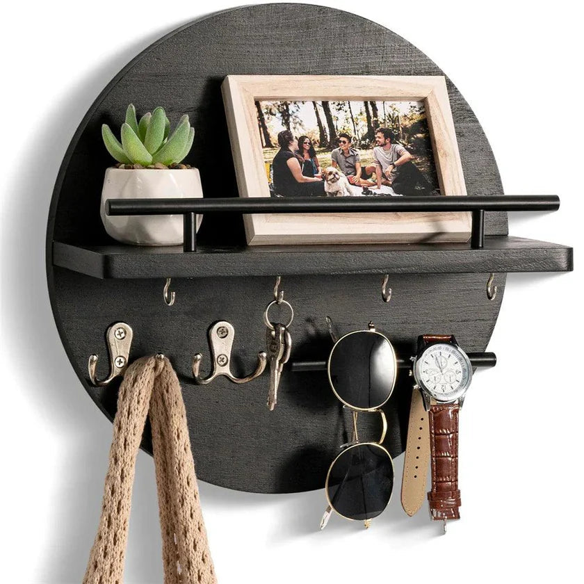 Houten Sleutelhouder Wandplank Rond - Sleutel Organizer Zwart